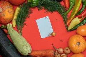 Vegetables are laid out around a sheet of paper and a pencil. Empty space for text. Vegetables, empty blank for recipe  on a red background. photo