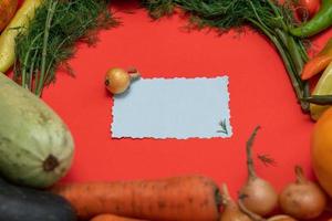 Vegetables are laid out around a sheet of paper and a pencil. Empty space for text. Vegetables, empty blank for recipe  on a red background. photo