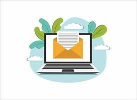 email on laptop computer screen concept with letter and paper document, flat design vector illustration