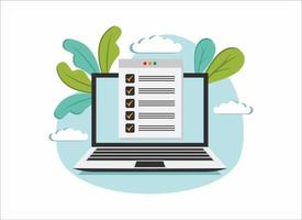 examen en línea, lista de verificación en la pantalla del monitor, pasar la prueba, elegir la respuesta, formulario de cuestionario vector