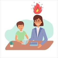 Education concept female teacher feeling angry to naughty schoolboy while standing. vector flat screaming at a child