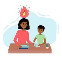 Education concept afro american female teacher feeling angry to naughty schoolboy while standing. vector flat screaming at a child