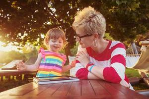 mom and her little daughter using tablet computer photo