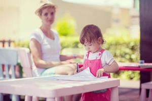 mom and little daughter drawing a colorful pictures photo