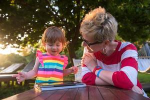 mamá y su pequeña hija usando una tableta foto