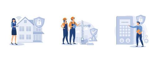 Security solutions. Security systems design, construction site protection, access control system, commercial building. set flat vector modern illustration