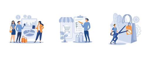 Marketing and promotion. Consultative sales, purchase agreement, retail markdown, terms and conditions, product price, b2b selling. set flat vector modern illustration