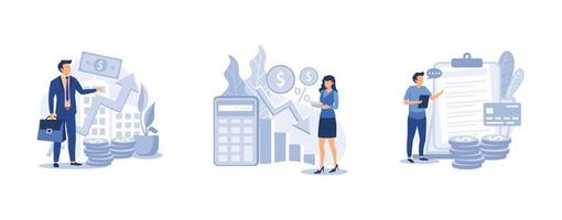 Accountancy service . Revenue agency, calculating loss, pay a balance owed, payroll account, tax law, calculate expenses. set flat vector modern illustration