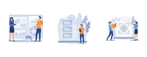 Project development specifications. Business analysis, software requirement description, vision and scope document, SWOT analysis. set flat vector modern illustration