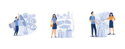 Buy and sell product. Diversity marketing, consumption expenditure, face-to-face selling, consumer engagement. set flat vector modern illustration