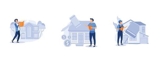 Buy family home. Detached and auction house, house renovation, residential and commercial property remodeling, house listing. set flat vector modern illustration