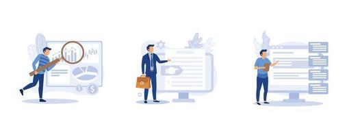 Company activity stats automation. Paperwork optimization. Business intelligence, vision and scope document, software requirement description metaphors.  set flat vector modern illustration