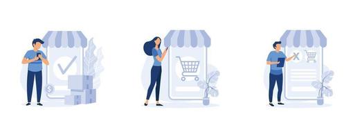 sistema de seguimiento de paquetes, compras digitales, conjunto de iconos de distribución de compras en línea. pedido enviado, pedido cerrado, pedido cancelado metáforas. establecer vector plano ilustración moderna