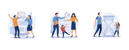 Family breakdown. Divorce and separation, parental allowance, challenges for divorced dads, husband and wife conflict, single mom. set flat vector modern illustration