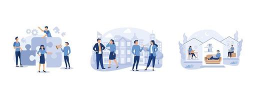 happy family, brainstorming, business concept for teamwork, office workers are studying the infographic, set flat vector modern illustration