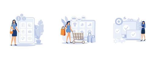 Online retail. Niche service marketplace, app monetization, multi-device targeting, buy and sell products, startup launch. set flat vector modern illustration