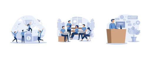 team support and work, workers are sitting at the negotiating table,  customer service, hotline operator advises customer, set flat vector modern illustration