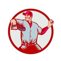 Baseball Pitcher Throwing Ball Circle Side Woodcut vector