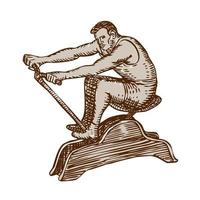 Athlete Exercising Vintage Rowing Machine Etching vector