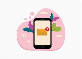 email notification on handphone display screen concept, flat design vector illustration