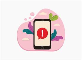 mensaje de alerta notificación de teléfono móvil. alertas de error de peligro, problema de virus de la computadora portátil o notificaciones de problemas de correo no deseado de mensajería insegura. ilustración vectorial vector