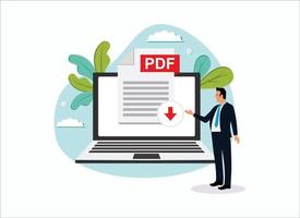 People Download PDF icon file with label on laptop screen. Downloading document concept vector