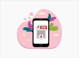 Zip file on smartphone screen. Hand holds smartphone, finger touches screen. Download, open zip archive on phone, mobile device. Modern graphic for web banner, website. Flat design vector illustration