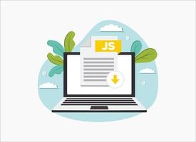 Download js icon file with label on laptop screen. Downloading document concept. Banner for business vector