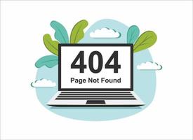 Error 404 web page not found on laptop computer concept, flat vector illustration