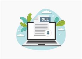 Download DLL icon file with label on laptop screen. Downloading document concept, vector flat illustration