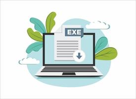 Download EXE icon file with label on laptop screen. Downloading document concept vector