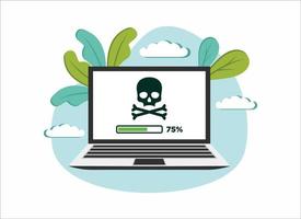 Piracy on the computer as online crriminality and robbery. Copyright infringement and illegal downloading on the internet. Vector illustration of laptop with pirate on the screen