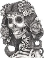 Art fashion model  skull day of the dead. hand drawing and make graphic vector. vector