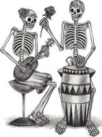 Art couple in love skulls playing music day of the dead. Hand drawing and make graphic vector. vector