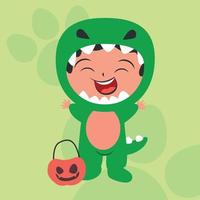 lindo personaje plano de halloween niños en traje de monstruo de dinosaurio vector