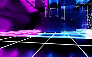 Modern futuristic sci-fi blank reflecting concrete. Room with purple and blue fluorescent neon photo
