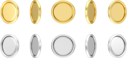 conjunto de monedas giratorias de oro y plata. un conjunto de monedas giratorias de oro y plata en muchas vistas giran en diferentes ángulos aisladas en fondo blanco. representación 3d png