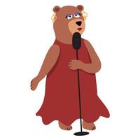 The bear sings into the microphone. Vector illustration isolated on white background