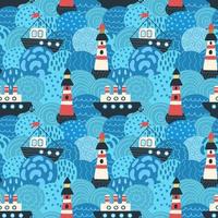 sea, boats and lighthouse. Vector illustration, seamless pattern