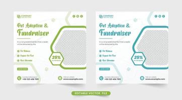 Pet adoption and fundraiser service template for social media marketing. Creative pet care and grooming center promotional poster design with green and blue colors. Pet veterinary advertisement design vector