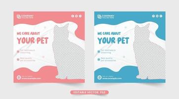 plantilla de anuncio de tienda de mascotas con colores rosa y azul. plantilla de promoción de negocios veterinarios y sanitarios de animales con formas abstractas. diseño de banner web de servicio de cuidado de mascotas para publicaciones en redes sociales. vector