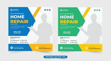 Modern house renovation service web banner vector for online marketing. Home repair business social media post design with blue and green colors. House construction service advertisement poster.