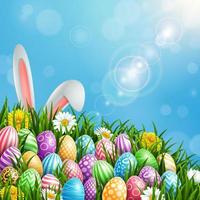 Easter greeting card with two bunny ears and colorful eggs on blue background vector