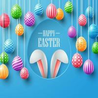 Happy Easter card with bunny ears hiding in egg hole and colorful eggs vector