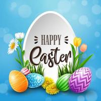 Happy Easter greeting card with colored eggs, flowers on blue background vector