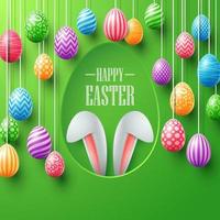 Happy Easter card with bunny ears hiding in egg hole and colorful eggs vector