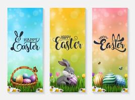 Collection of Easter banners with Easter eggs, little bunny, and basket in the grass