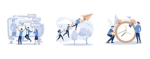company information analytics, a company of people holding on to a thread from a paper plane, the alarm clock is ringing on a white background, set flat vector modern illustration
