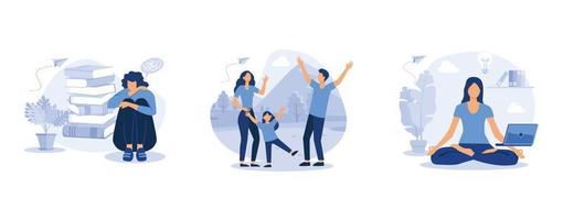 happy family, health benefits for body, support concept for those who are under stress, set flat vector modern illustration