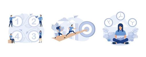 Circle number options infographic, people run to their goal on the column of columns, concept of meditation during working hours, set flat vector modern illustration